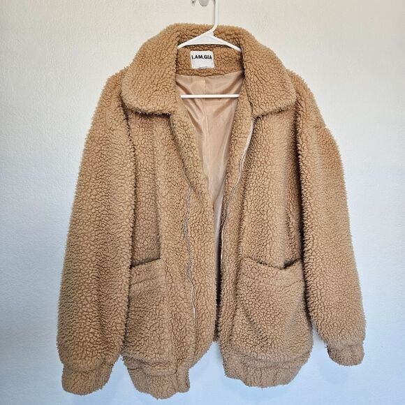 I.AM.GIA Pixie Oversized Teddy Coat Caramel Sherpa Zip Up Jacket Coat Women XS - Picture 2 of 8